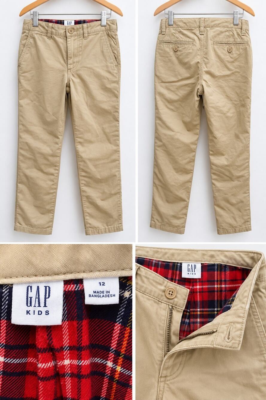 Gap Kids flannel-lined straight khakis. Red and blue plaid lining Size 12 Kids